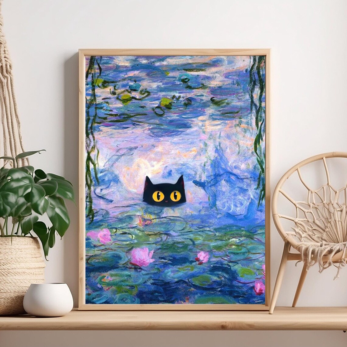 Black Cat Peeking Out Of Monet Water Lily Pond Funny Art Poster