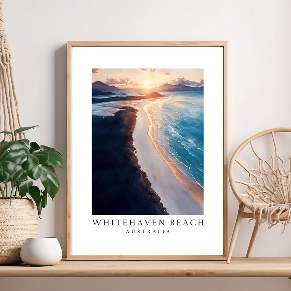 Whitehaven Beach Australia Golden Sunset Over White Sand Aerial Poster