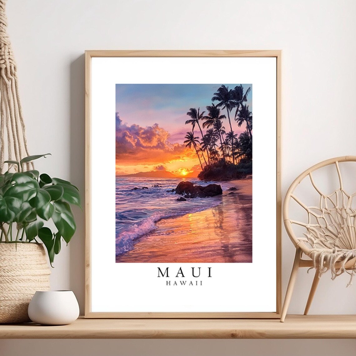 Maui Hawaii Golden Sunset Beach Palm Trees Tropical Travel Poster