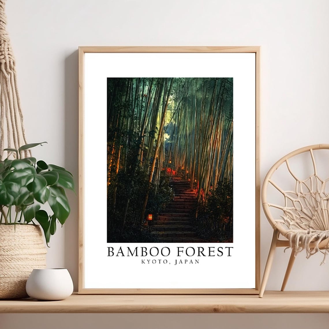 Bamboo Forest Kyoto Japan Lantern Lit Path Travel Art Poster