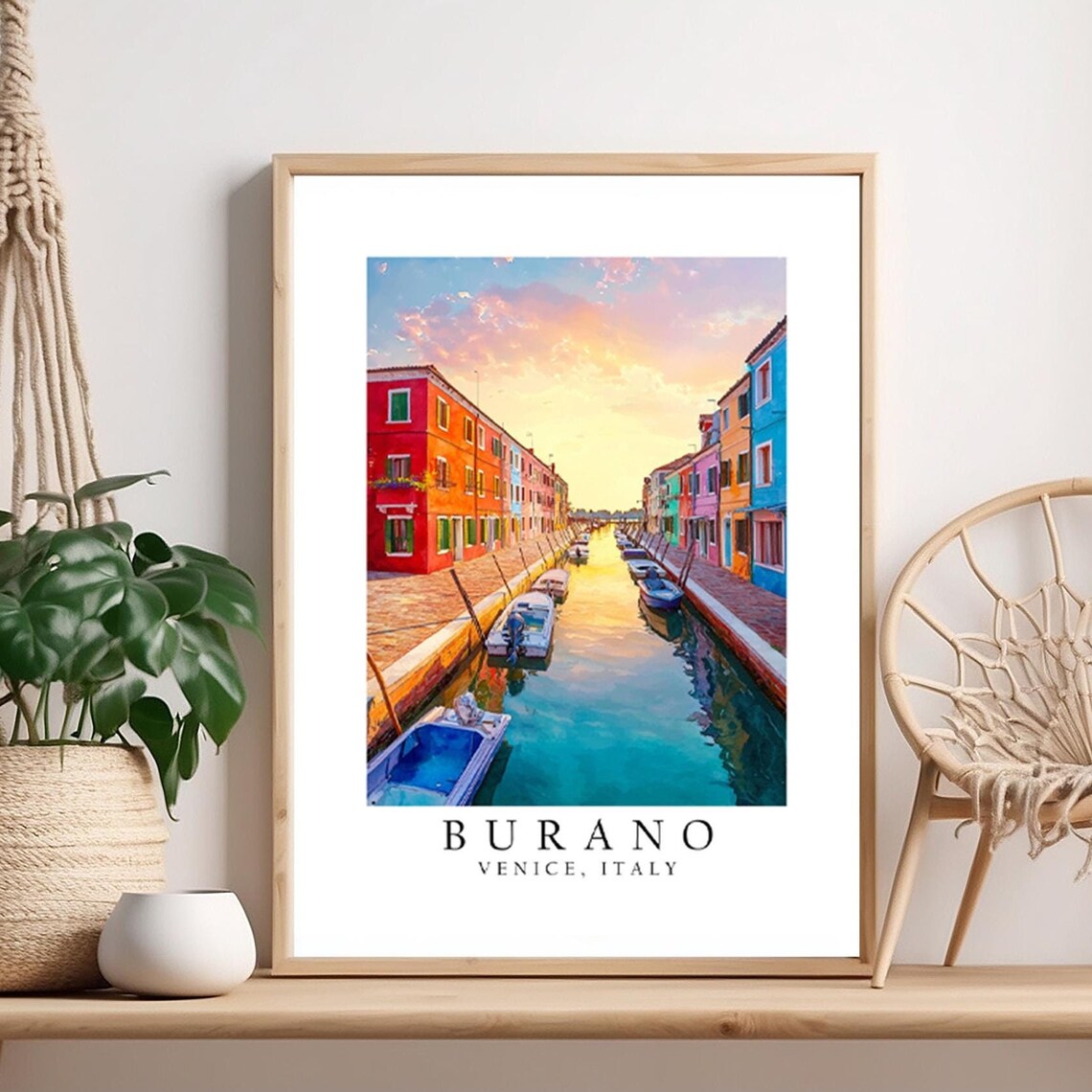 Burano Venice Italy Colorful Canal Houses Sunset Travel Poster
