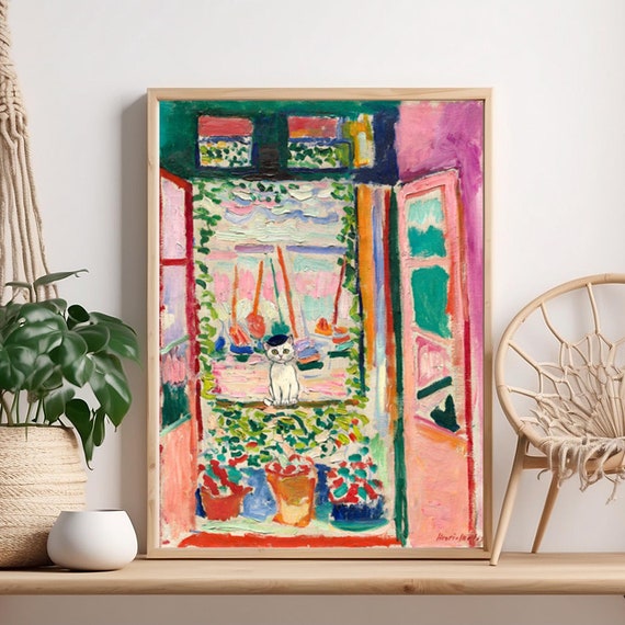 White Cat Harbor Window Painting Henri Matisse Inspired Art Print Modern Lovers Gift Poster Home Decor