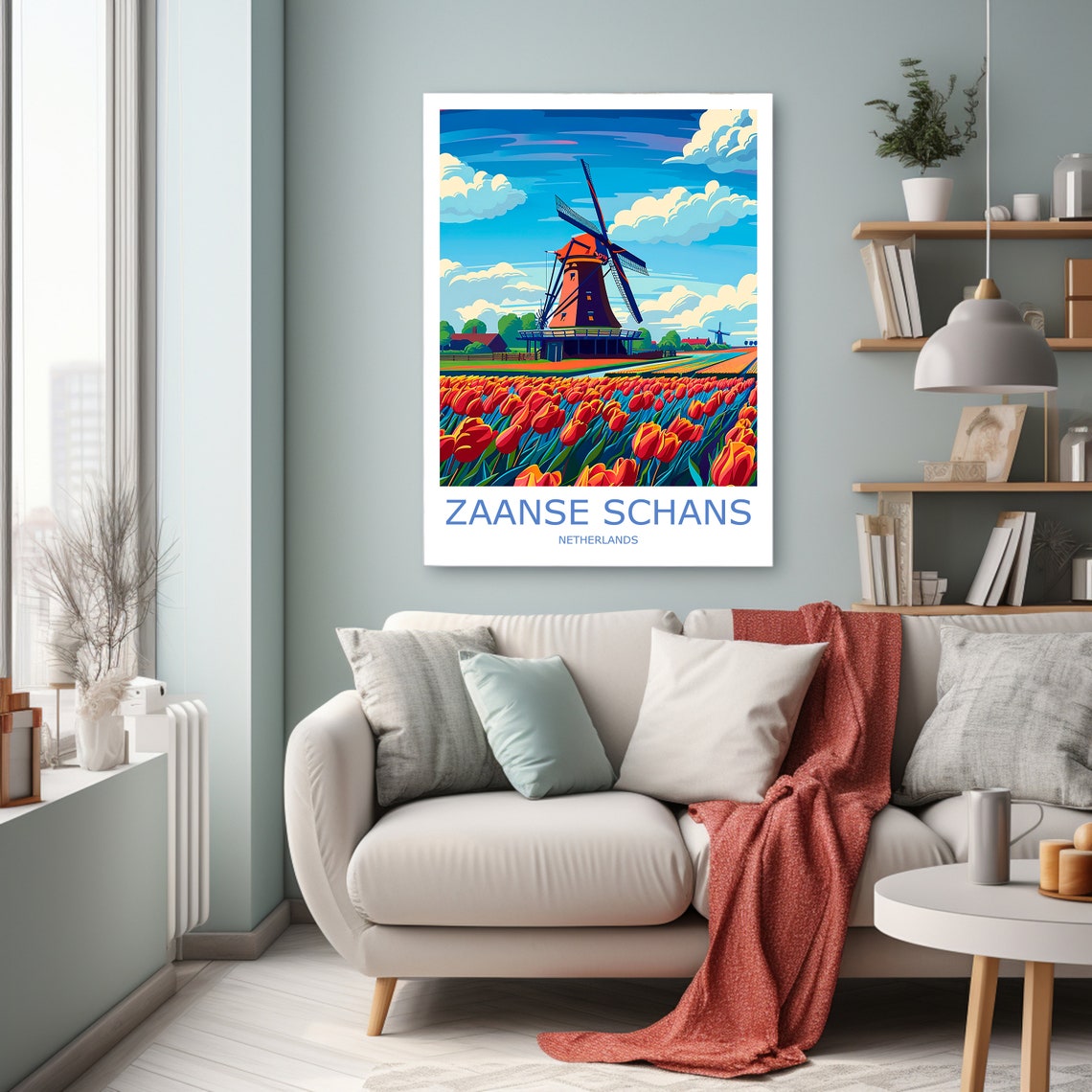 Zaanse Schans Windmill Red Tulip Fields Dutch Scene Travel Poster - Image 3