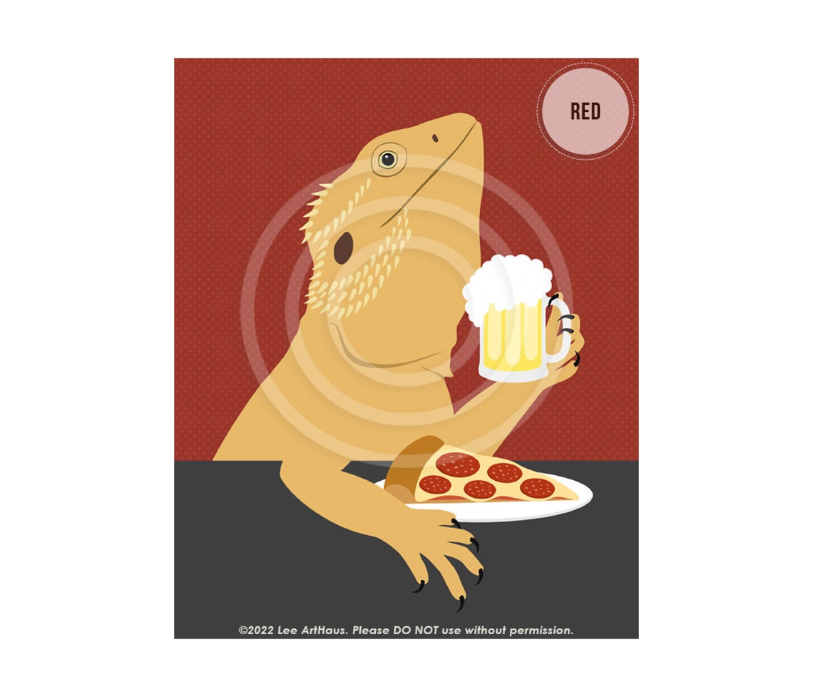 Bearded Dragon Drinking Beer and Eating Pizza Funny Art Poster