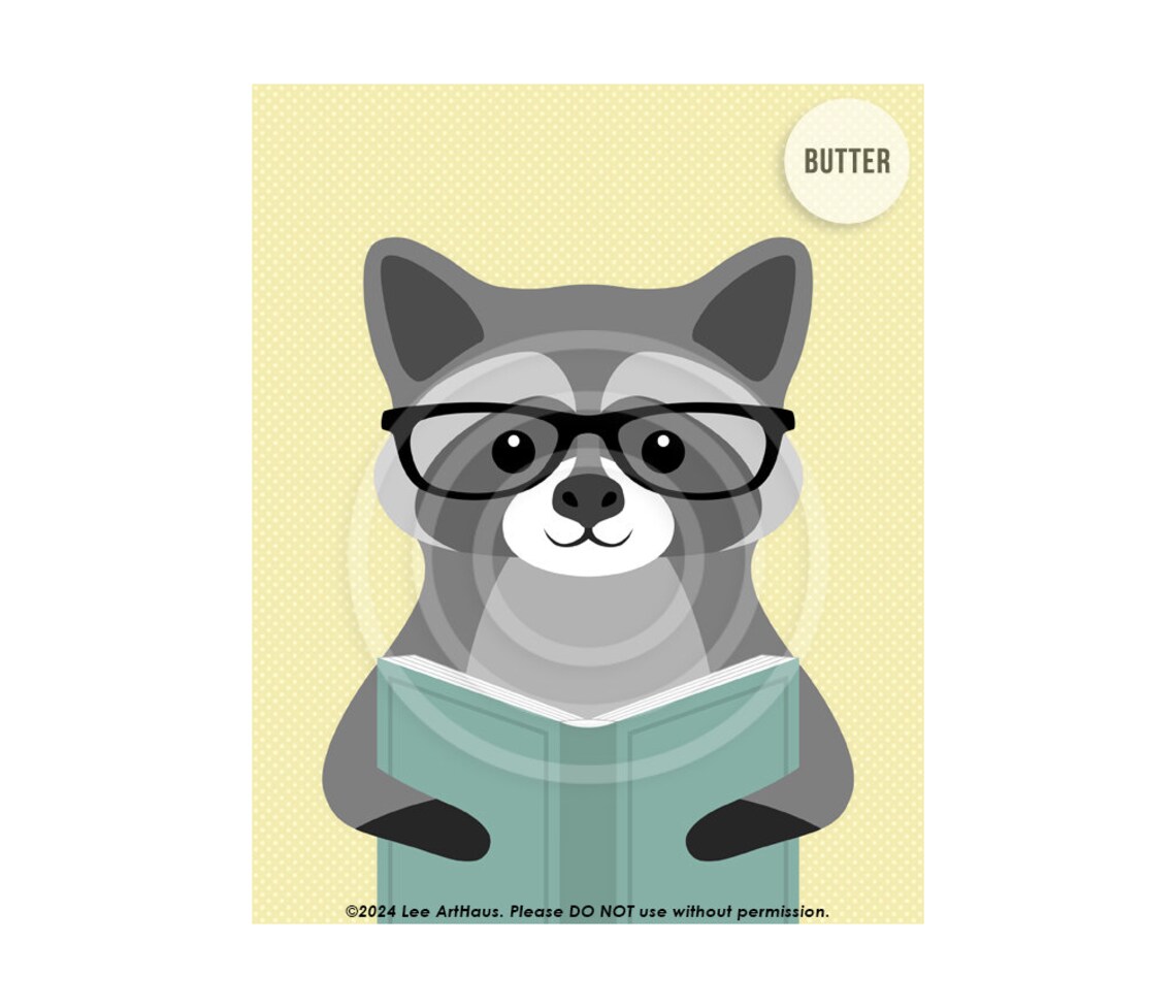 Cute Raccoon Reading Book With Glasses Green Forest Kids Room Decor Poster - Image 9