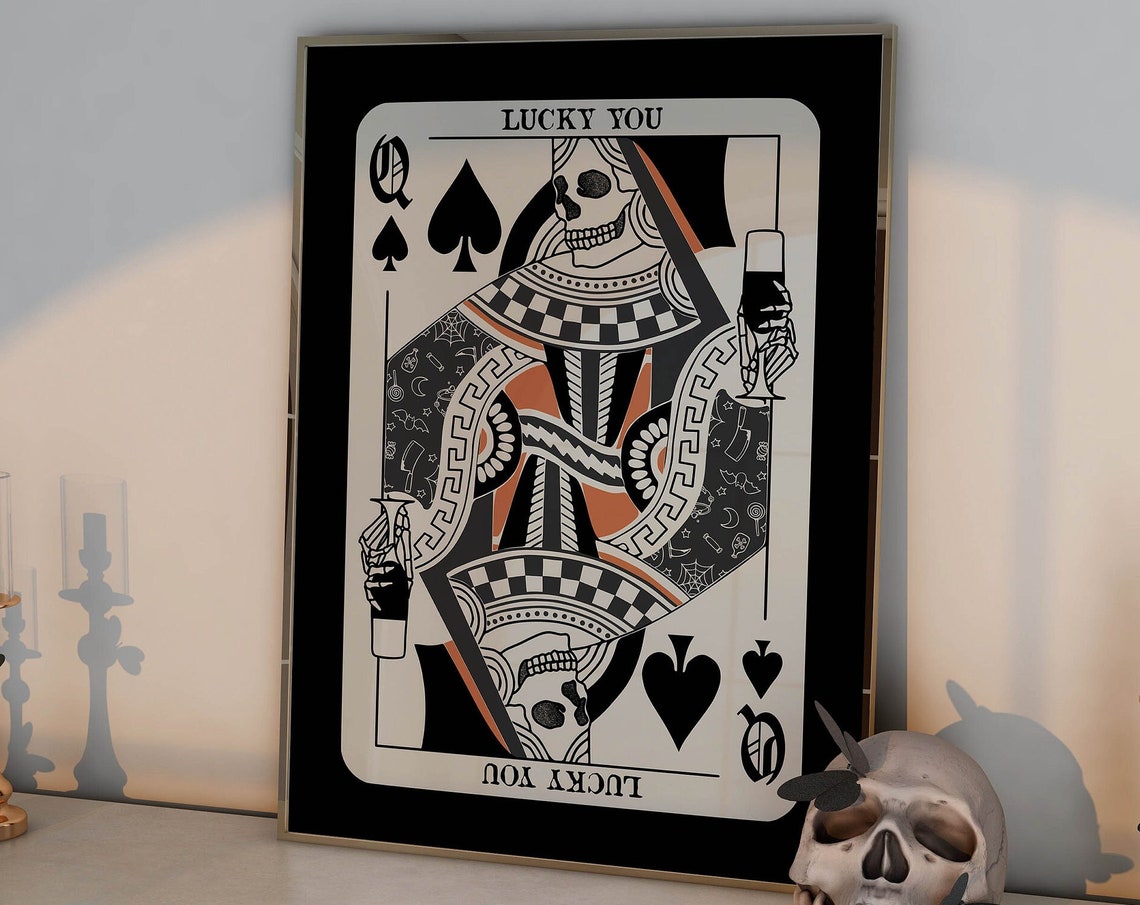 Queen Of Spades Retro Halloween Bachelorette Lucky You Poster Trendy Halloween Bar Cart Art Lucky You Wall Art Printable Halloween Print