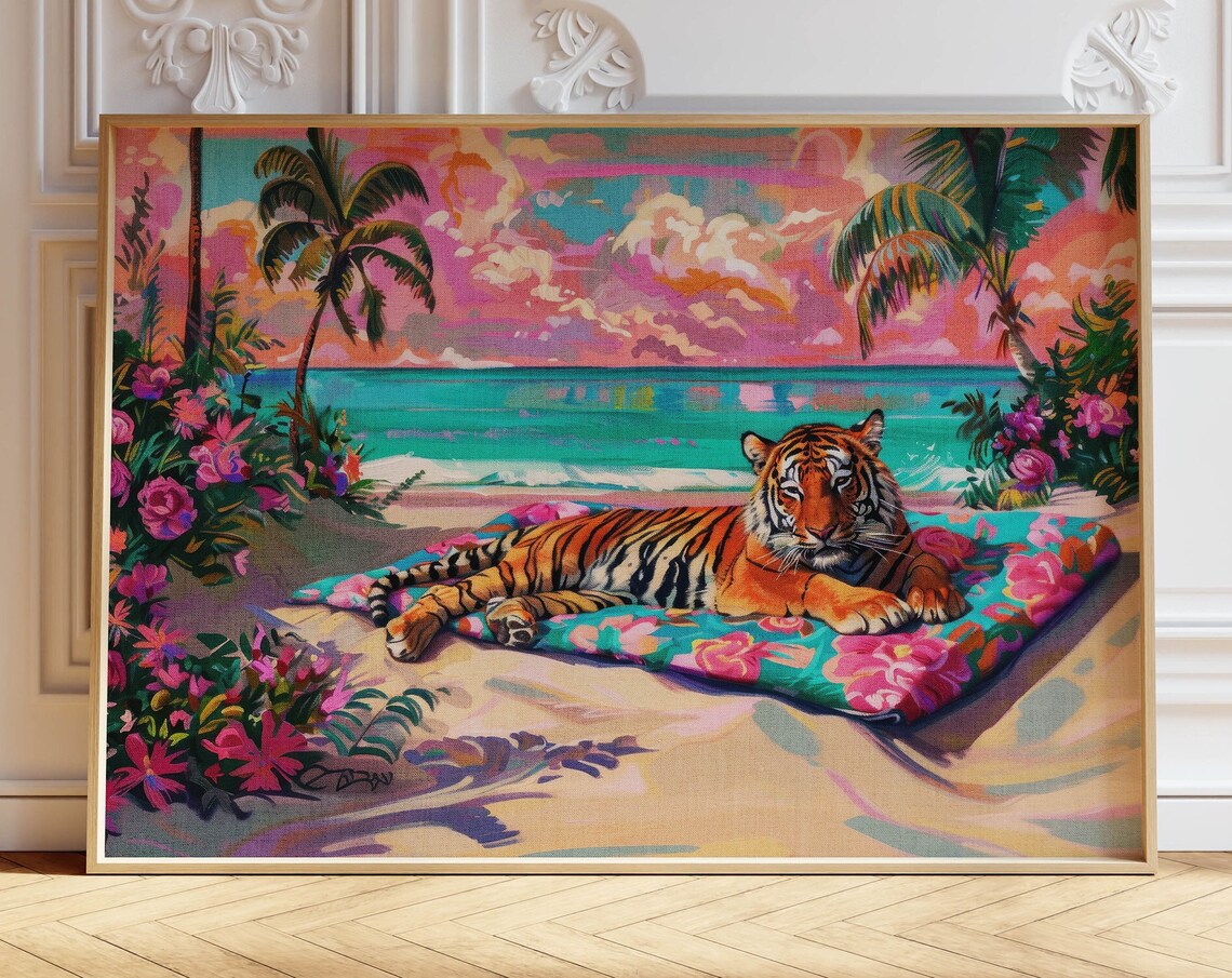 Tiger Beach Print, Maximalist Tropical Wall Art