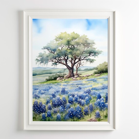 Texas Bluebonnet Wildflowers Watercolor Spring Meadow Wall Art