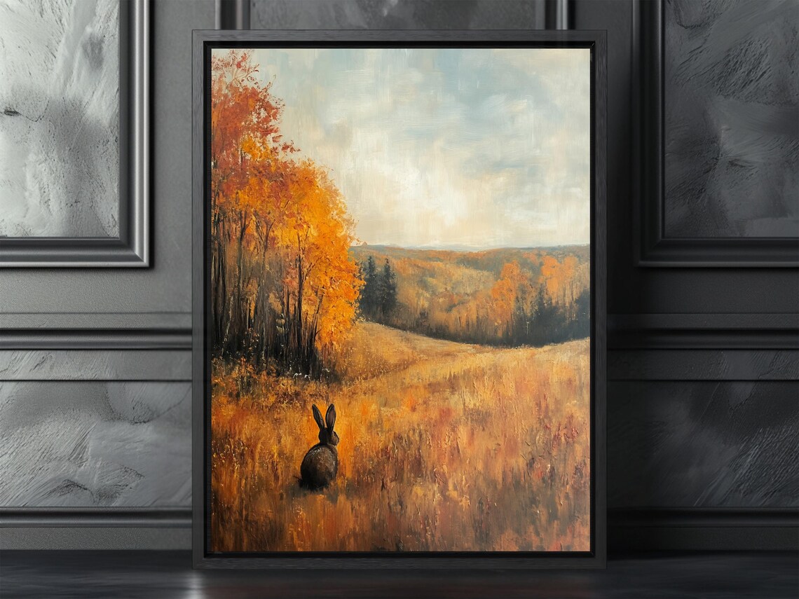 Rabbit in a Golden Autumn Field Oil Painting Fall Landscape Poster