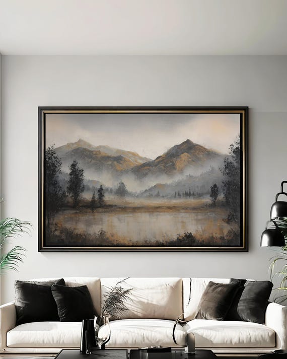 Misty Mountain Wall Art Neutral Landscape Poster Rustic Framed Canvas Decor
