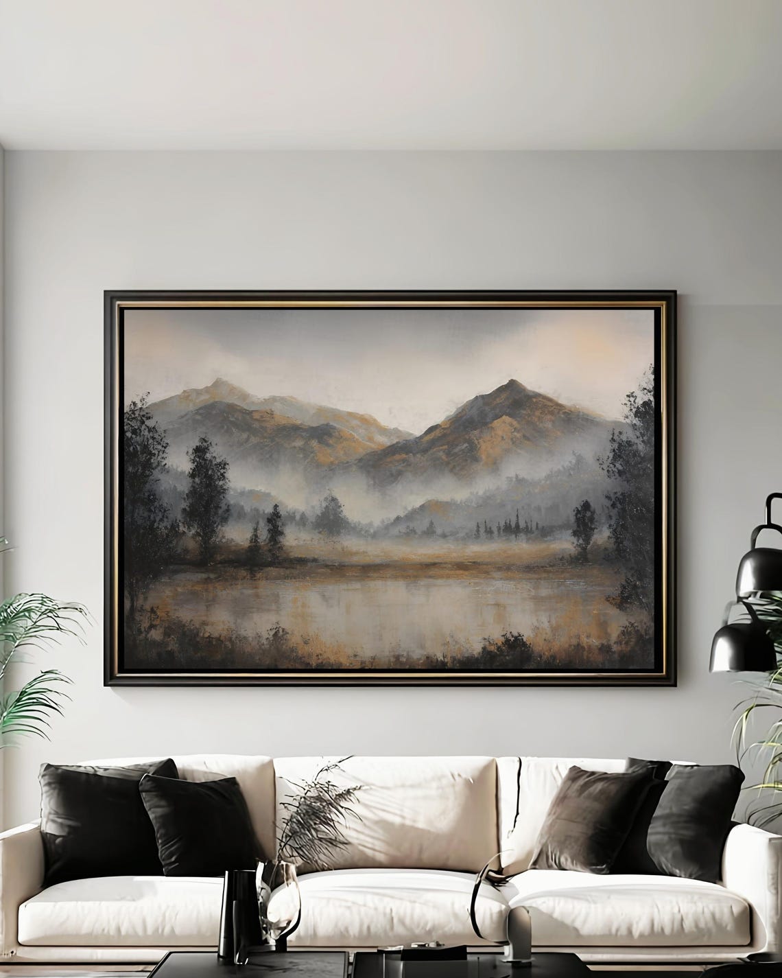 Misty Mountain Wall Art Neutral Landscape Poster Rustic Framed Canvas Decor