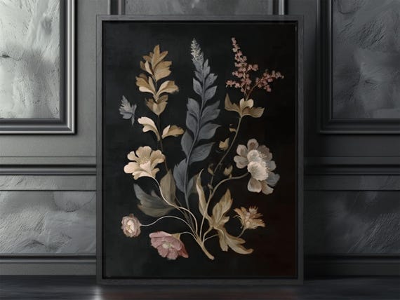 Floral Dark Canvas Print Antique Style Botanical Wall Art Dramatic Vintage