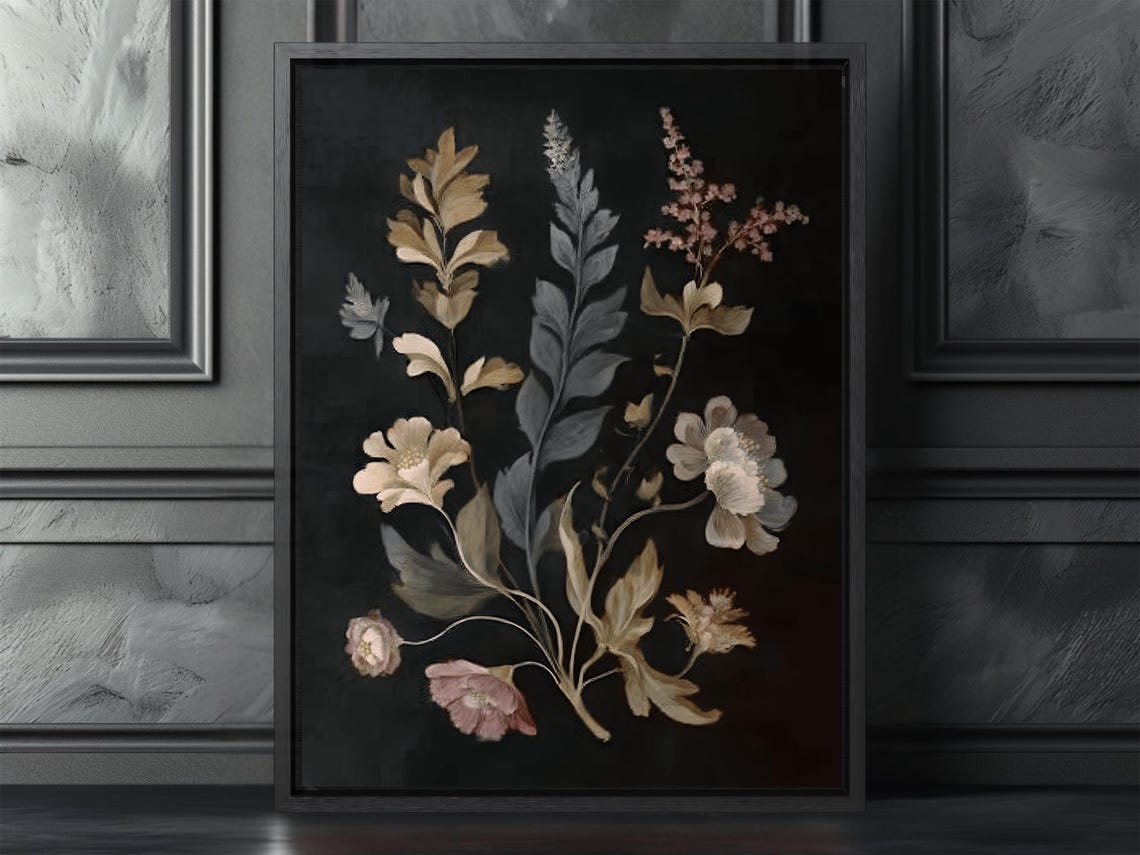 Floral Dark Canvas Print Antique Style Botanical Wall Art Dramatic Vintage