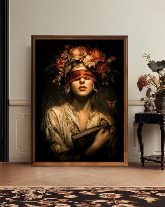 Dark Academia Woman Canvas Print Gothic Floral Portrait Wall Art
