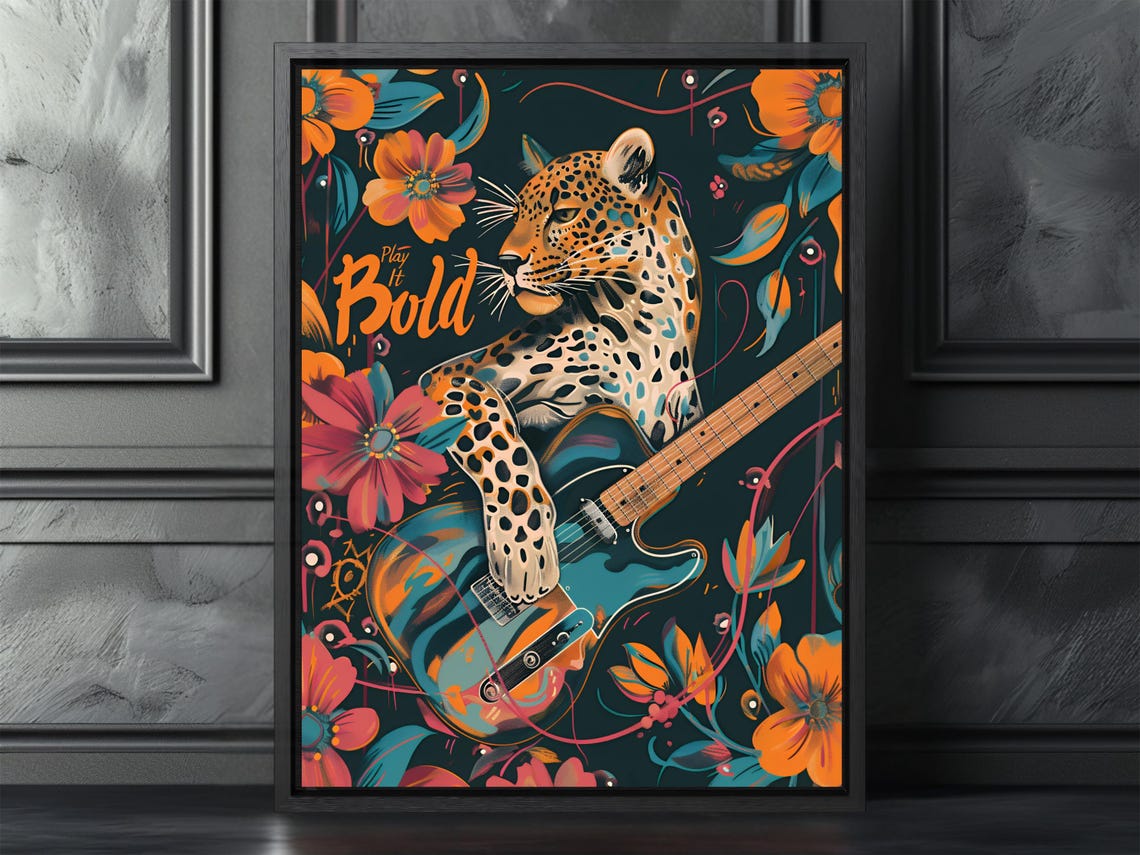 Leopard Rock Guitar Player Bold Tropical Flower Music Poster