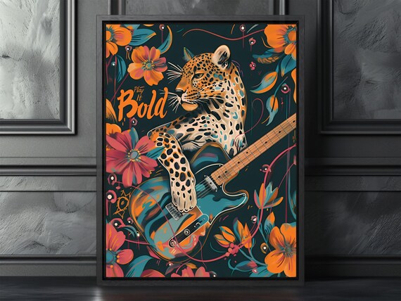 Vibrant Maximalist Animal Print For Music Lovers Bold Leopard Guitar Wall Art