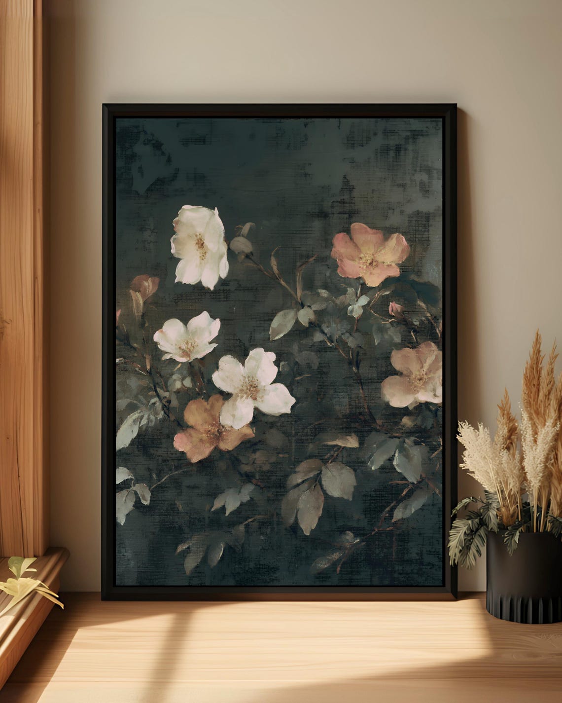 Moody Floral Canvas Art Vintage Botanical Painting Elegant Gold Frame Style