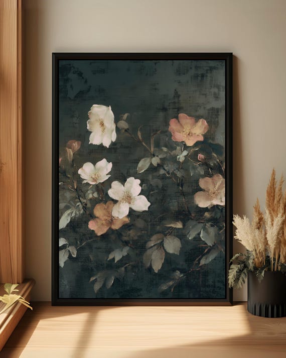 Moody Floral Canvas Art Vintage Botanical Painting Elegant Gold Frame Style
