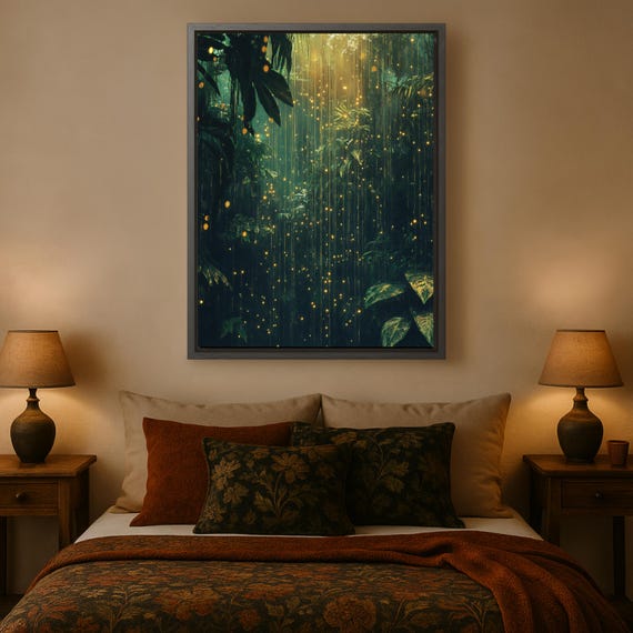 Enchanted Forest Wall Art Firefly Rainforest Print Dark Moody Nature Poster Baroque Fantasy Canvas Magical Jungle Decor