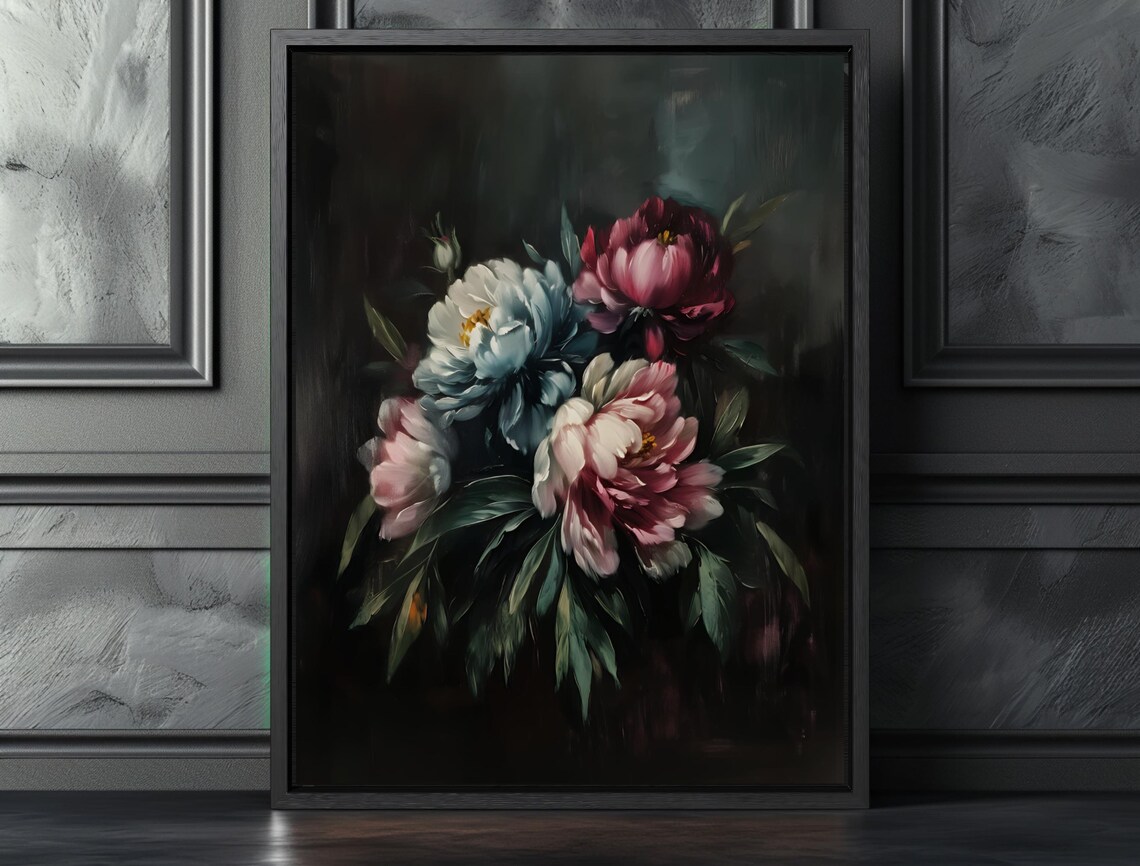 Dark Botanical Peony Vintage Flower Art Print