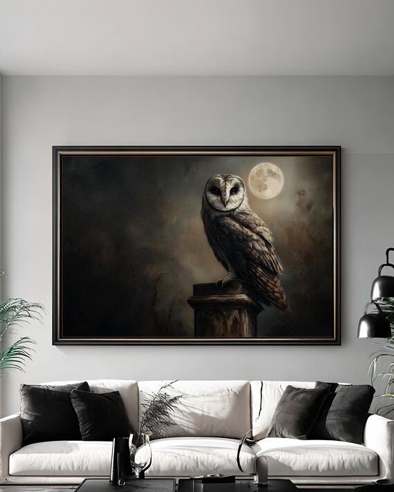 Barn Owl Full Moon Nocturnal Bird Moody Night Painting Poster