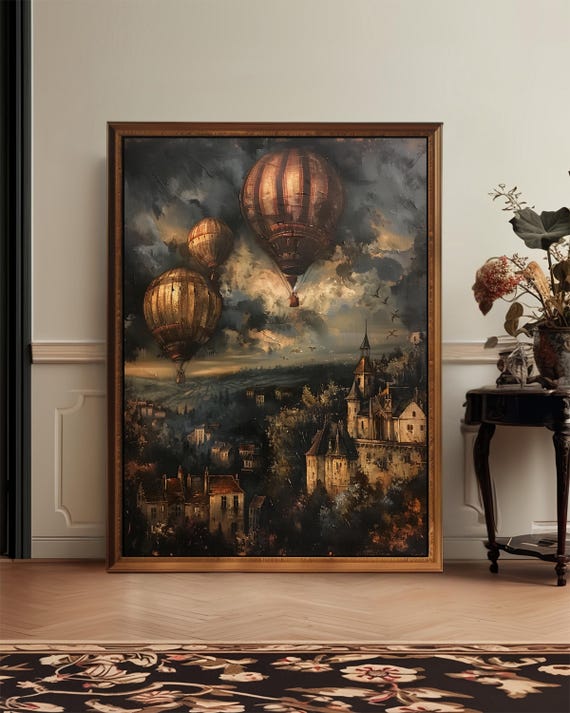 Moody Vintage Hot Air Balloon Print Victorian Art Deco