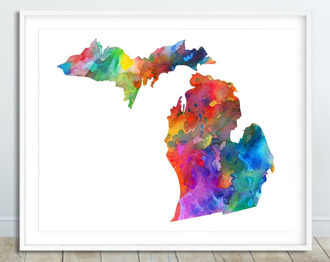 Michigan State Silhouette Rainbow Watercolor Modern Map Art Poster