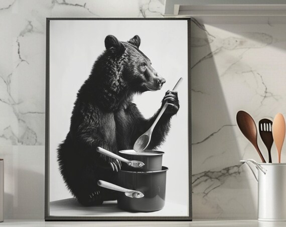 Funny Black Bear Stirring Stacked Cooking Pots Kitchen Poster