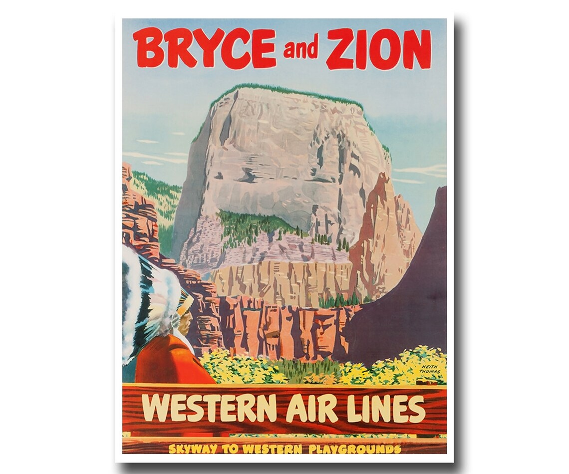 Bryce And Zion Western Air Lines Canyon Vintage Travel Poster