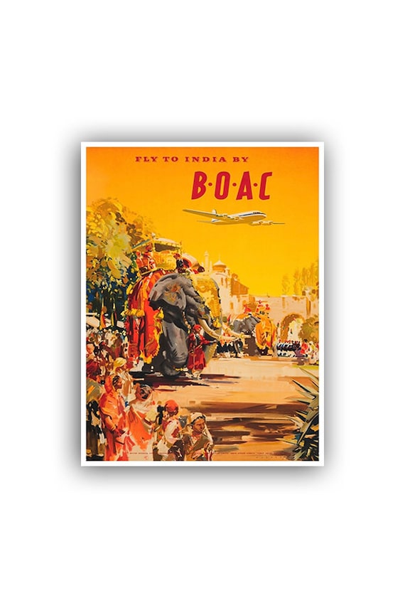 Fly To India B.O.A.C Elephant Festival Vintage Travel Poster
