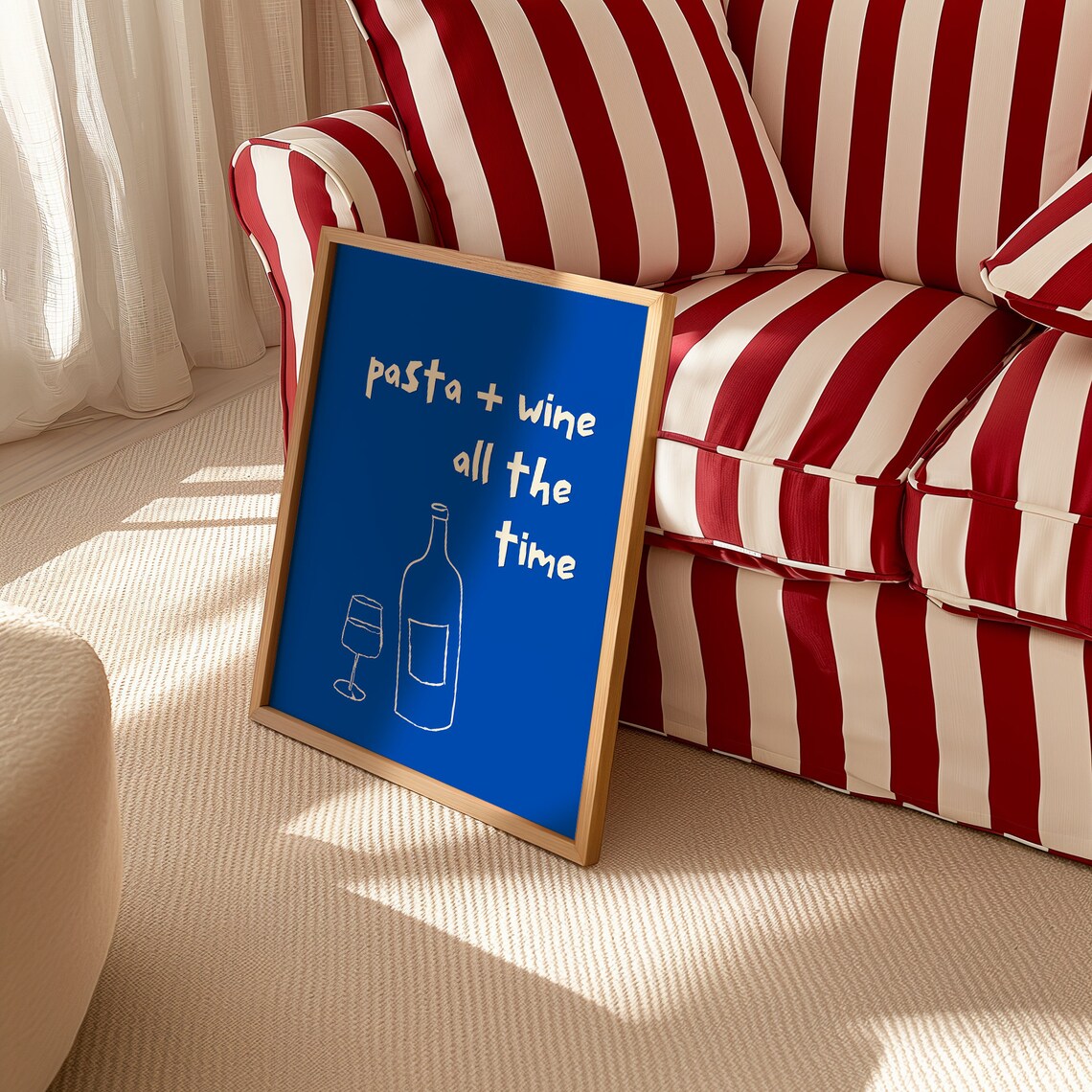 Pasta and Wine All the Time Funny Foodie Italian Kitchen Doodle Blue Poster - Image 4