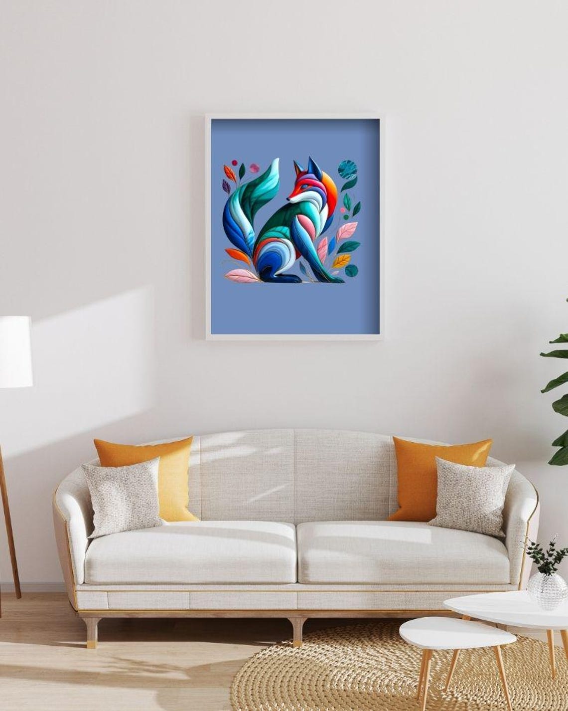 Rainbow Multicolor Sitting Fox With Leaves Modern Art Poster - Image 2