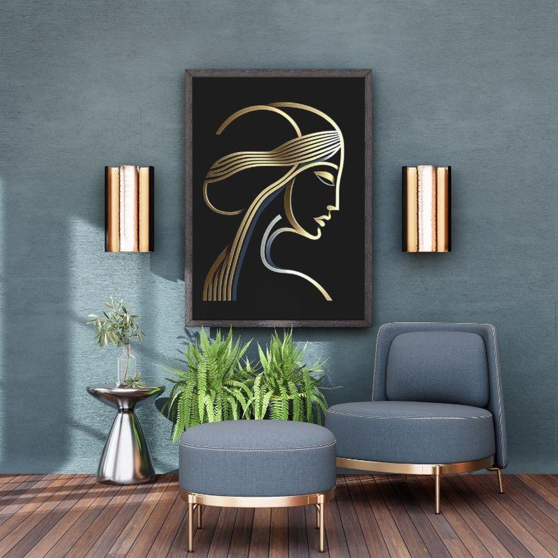Golden Woman Profile in Flowing Line Art on Deep Black Poster - Image 2