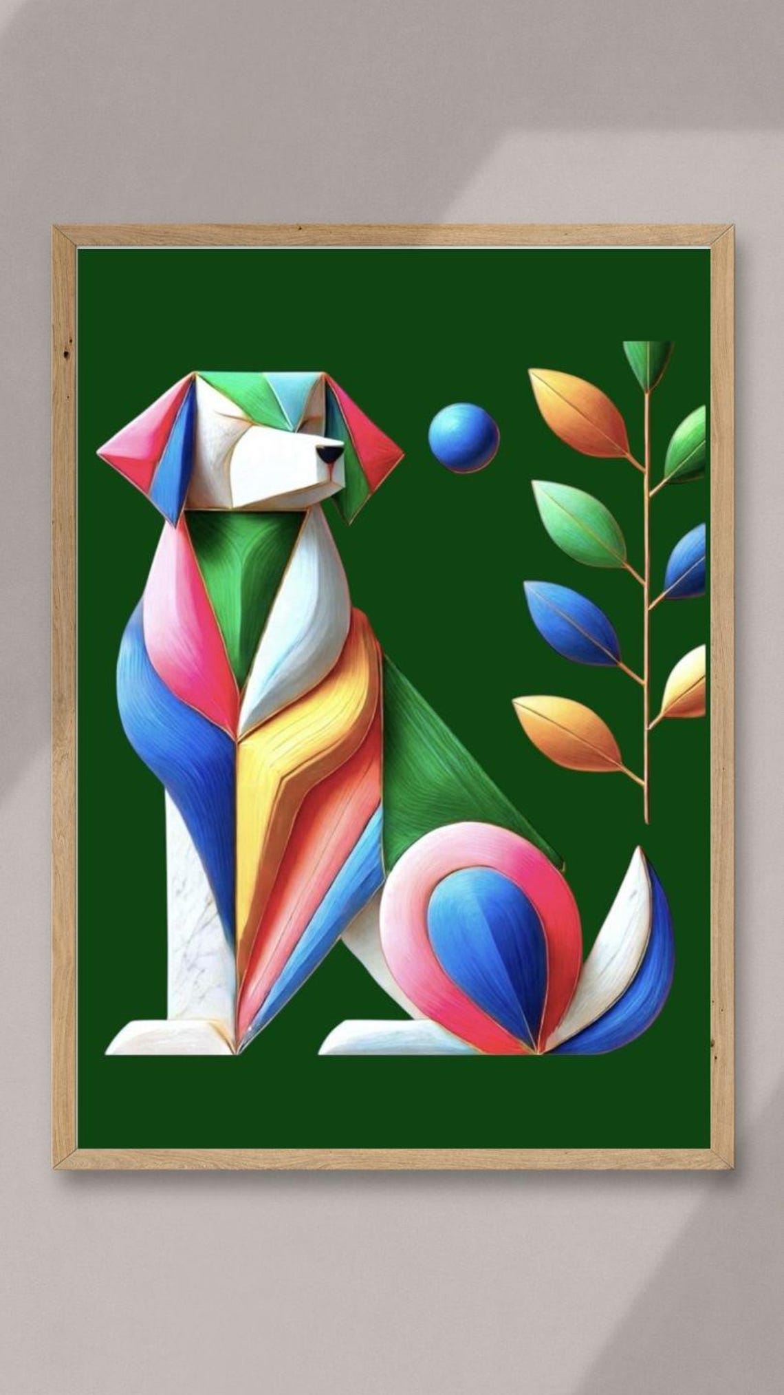Geometric Origami Dog Sitting with Rainbow Colors on Green Poster