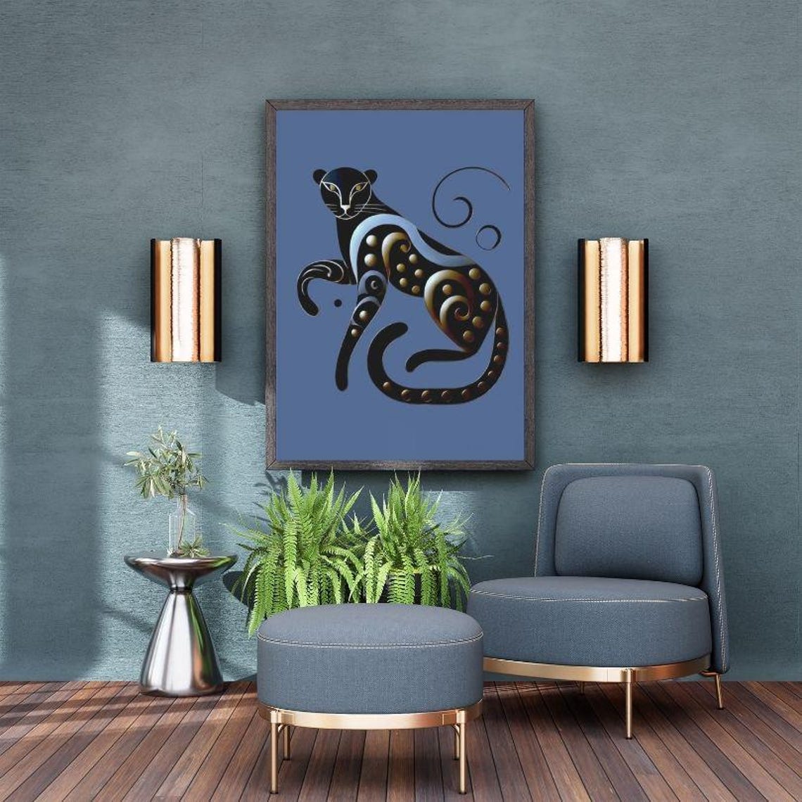 Seated Black Leopard with Gold Dots on Periwinkle Blue Poster - Image 3