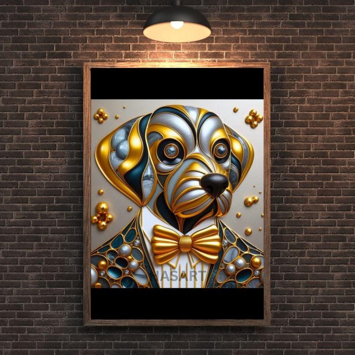 Gold Bow Tie Dapper Metallic Dog Portrait Mosaic Elegant Art Poster