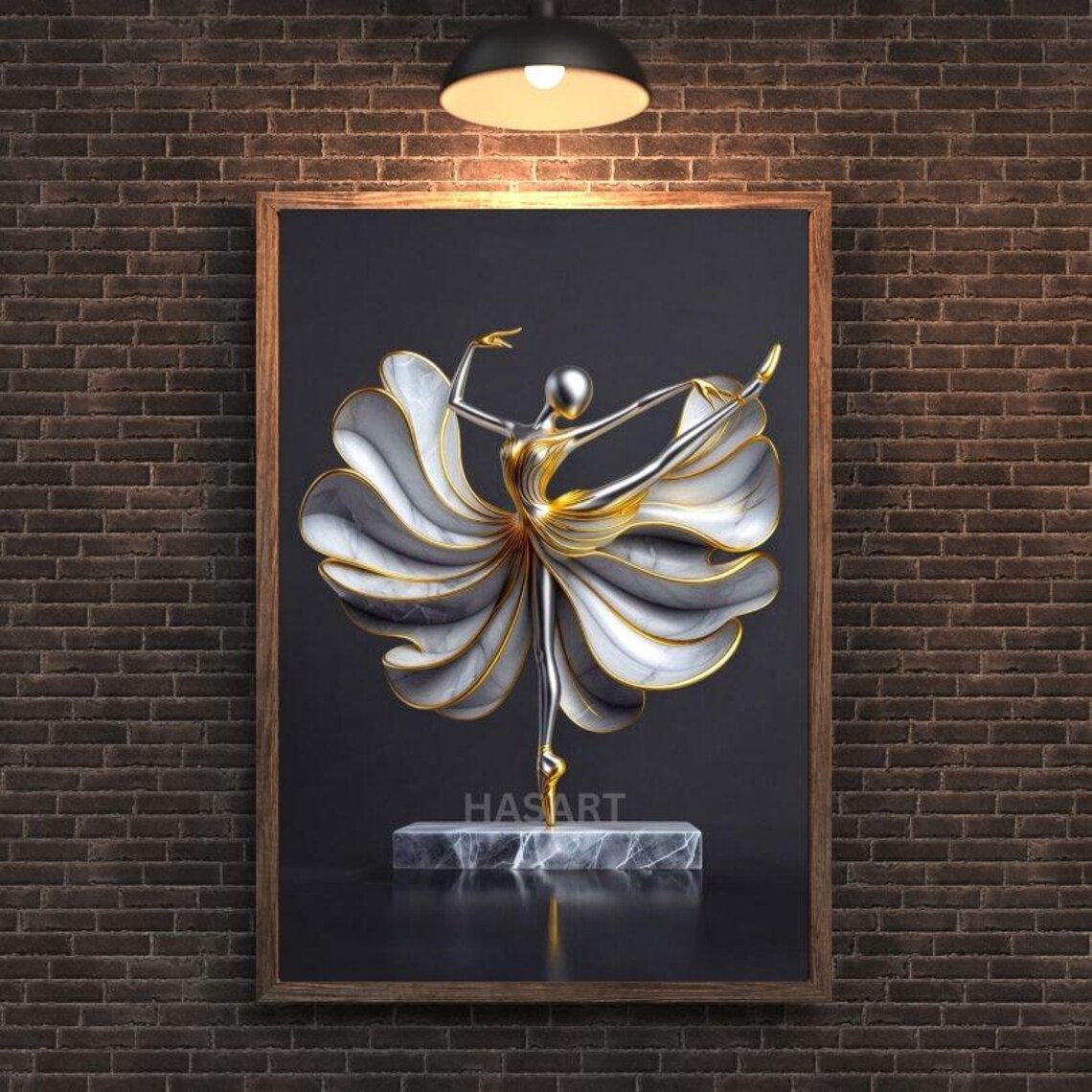 Silver Ballerina with Marble Petal Skirt on Black Art Poster