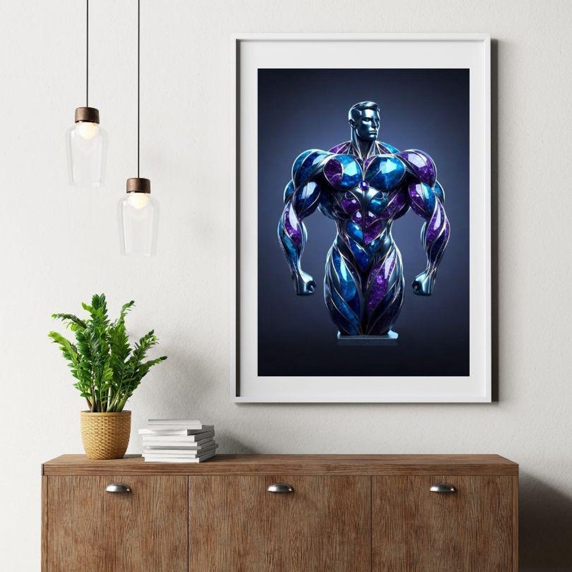 Towering Purple Blue Metallic Bodybuilder Front Pose Art Poster - Image 2