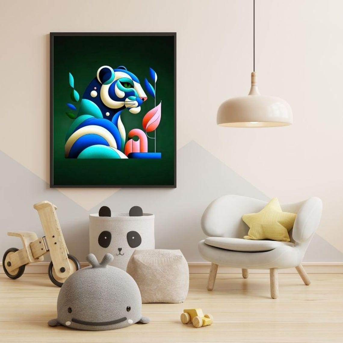 Blue Leopard Portrait with Tropical Leaves in Geometric Style Poster - Image 3