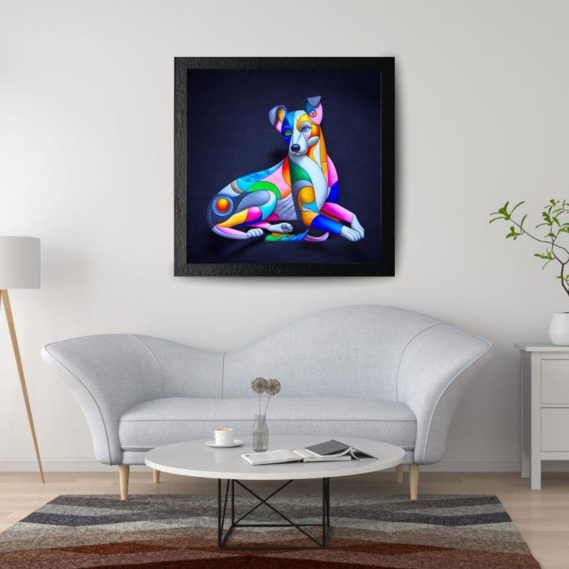 Rainbow Patchwork Sitting Dog in Colorful Mosaic Art Style Poster - Image 2