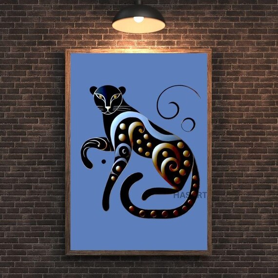 Seated Black Leopard with Gold Dots on Periwinkle Blue Poster