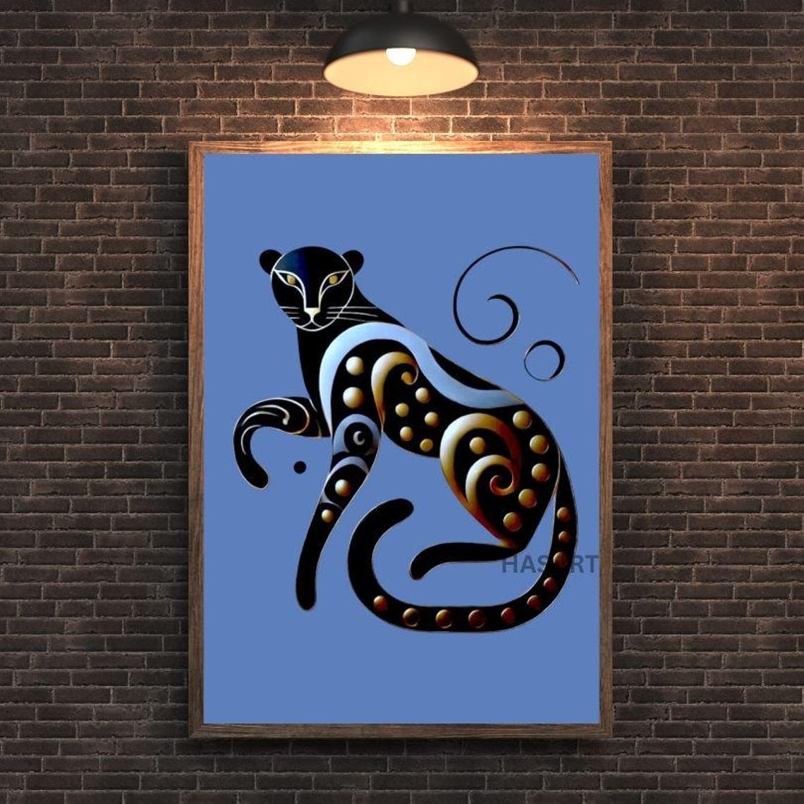 Seated Black Leopard with Gold Dots on Periwinkle Blue Poster