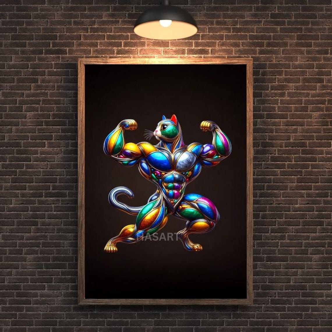 Muscular Cat Flexing Double Biceps in Funny Gym Art Style Poster