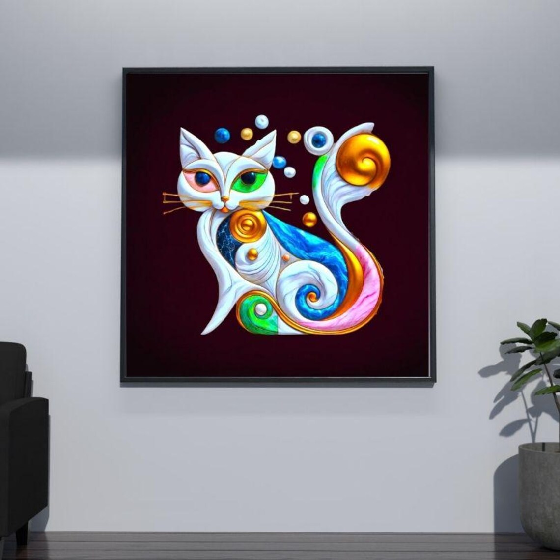 Whimsical White Cat with Swirling Rainbow Colors Art on Burgundy Poster - Image 3