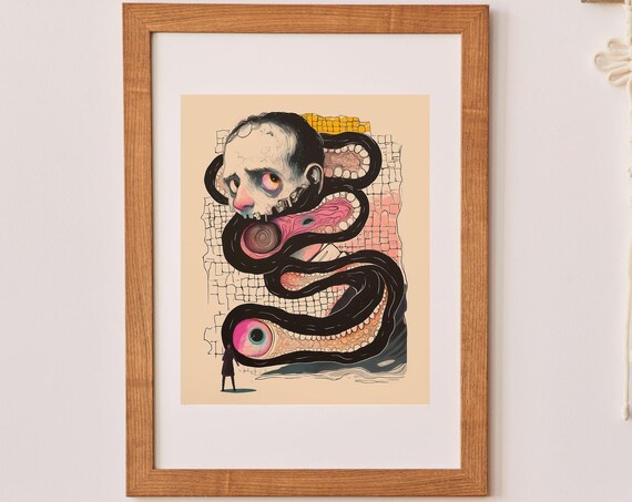 Surreal Melting Face Serpent Creature Dark Psychedelic Horror Art Poster