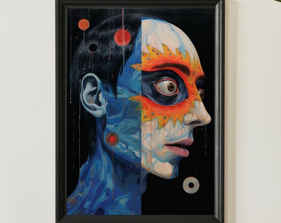 Split Face Surreal Sun Mask Blue Half Portrait Abstract Art Poster