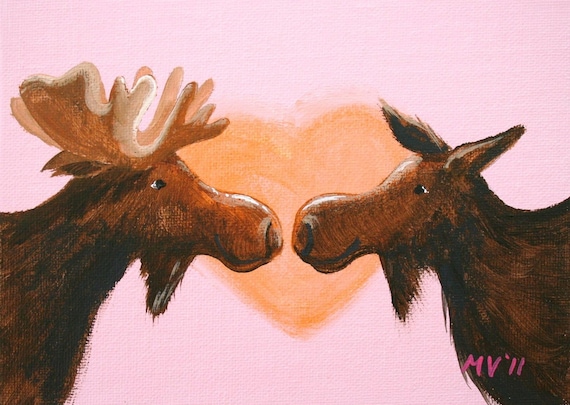 Two Moose Kissing Heart Pink Background Valentine Love Art Poster