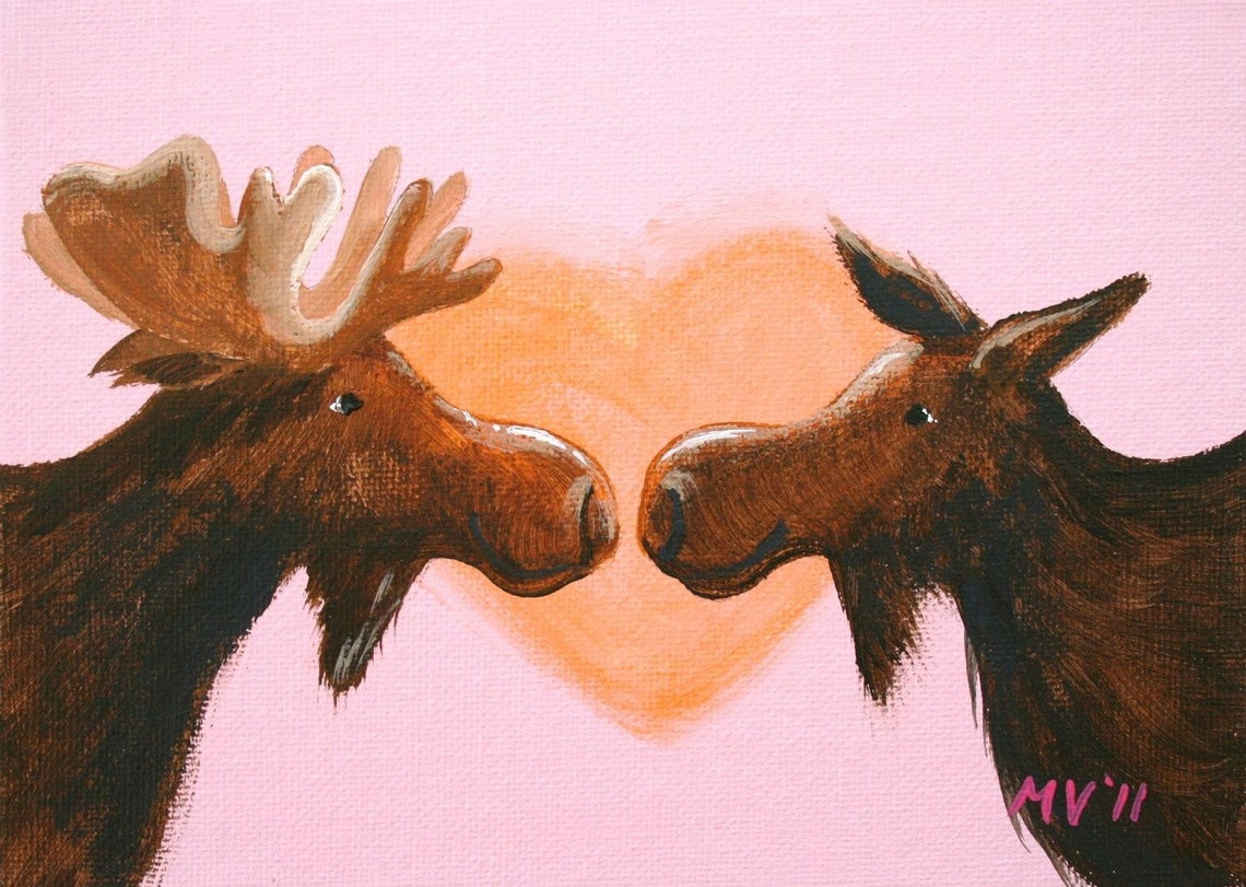 Two Moose Kissing Heart Pink Background Valentine Love Art Poster