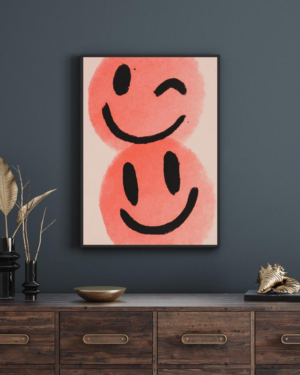 Double Stacked Coral Happy Faces Modern Playful Home Decor Poster