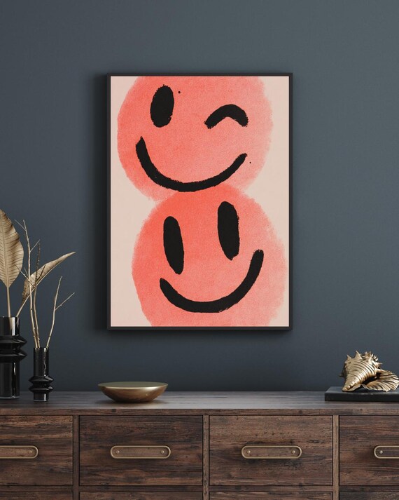 Double Stacked Coral Happy Faces Modern Playful Home Decor Poster